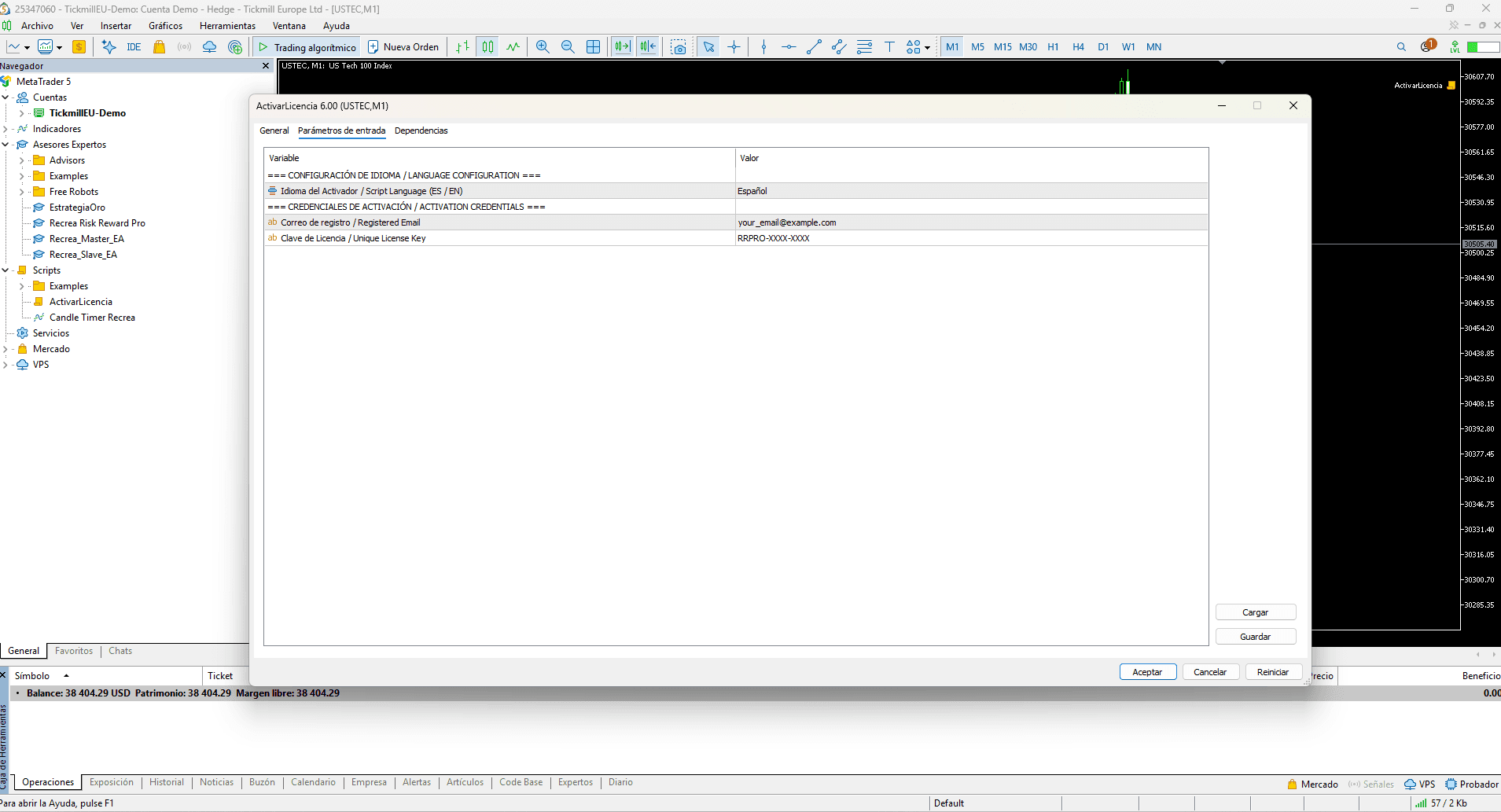 Captura: activar licencia datos